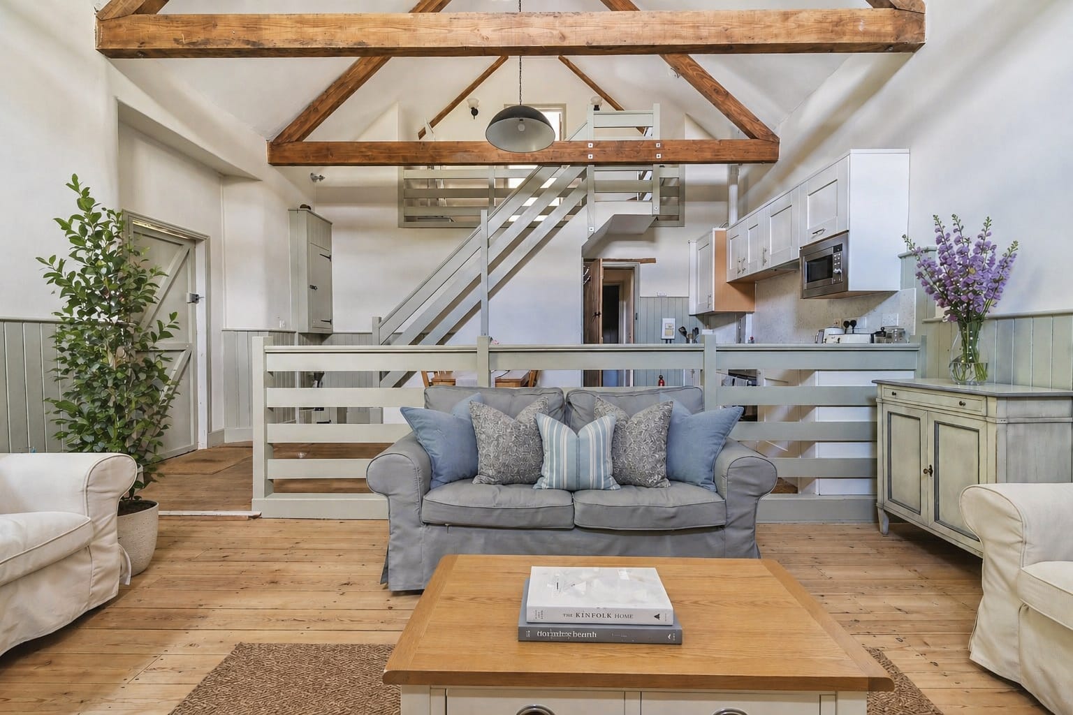 The Cider Barn open-plan living area with vaulted ceiling